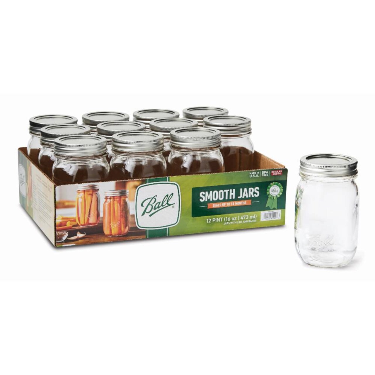 Ball Regular Mouth Pint Jars, Smooth Sided Mason Jars with Lids and Bands, 12 Count